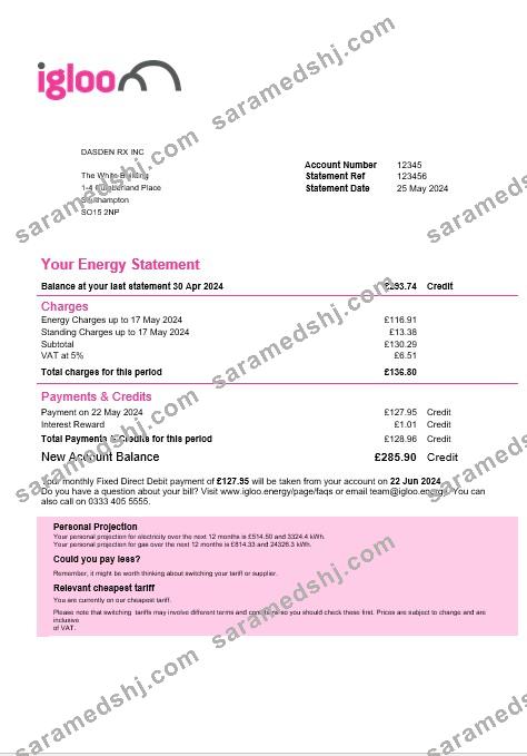 United Kingdom Igloo Energy business utility bill template in Word and PDF formats